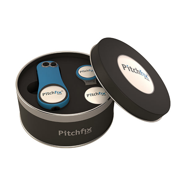 Round Golf Gift Tin with Fusion 2.5 repair tool and hatclip